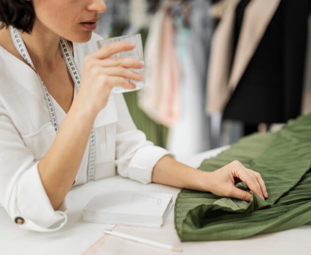 créatrice de mode, vêtements neutres et stylés, dans des tons beiges ou verts, capturée en lumière naturelle pour évoquer la simplicité et l’authenticité de la mode durable