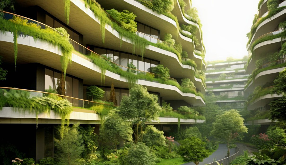 photo dynamique d’un building moderne en verre recouvert de végétation