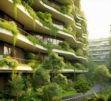 photo dynamique d’un building moderne en verre recouvert de végétation