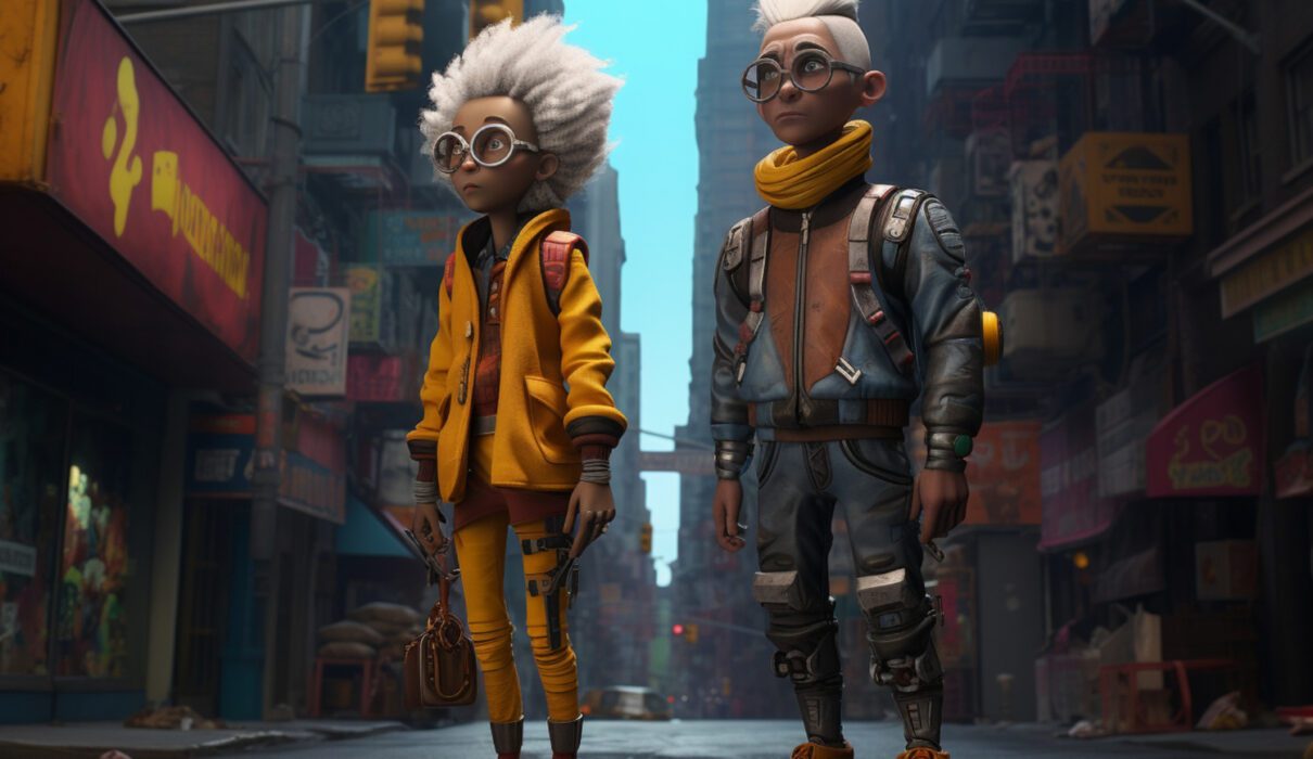 avatar stylisé (inspiré d’un RPG ou jeu futuriste) et une personne réelle dans un look streetwear hybride