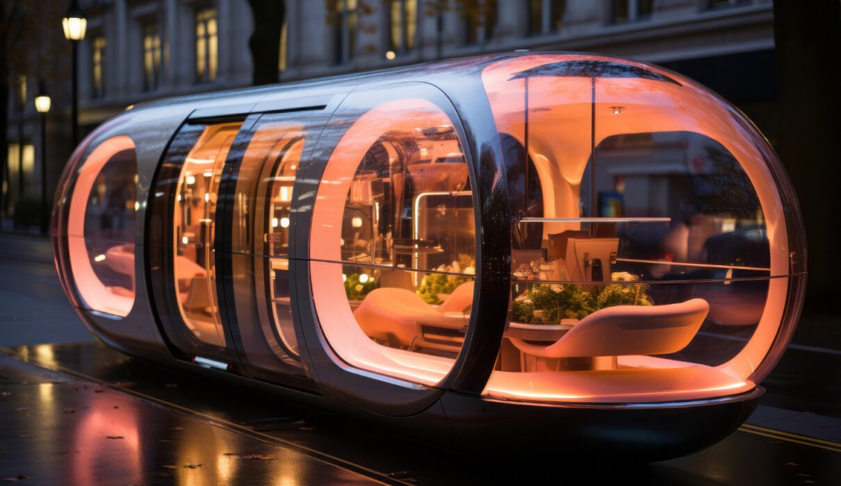 Un food truck moderne avec une ambiance urbaine de soirée, un écran affichant des données ou une carte thermique sur fond de plats stylisés et de clients connectés à leurs smartphones