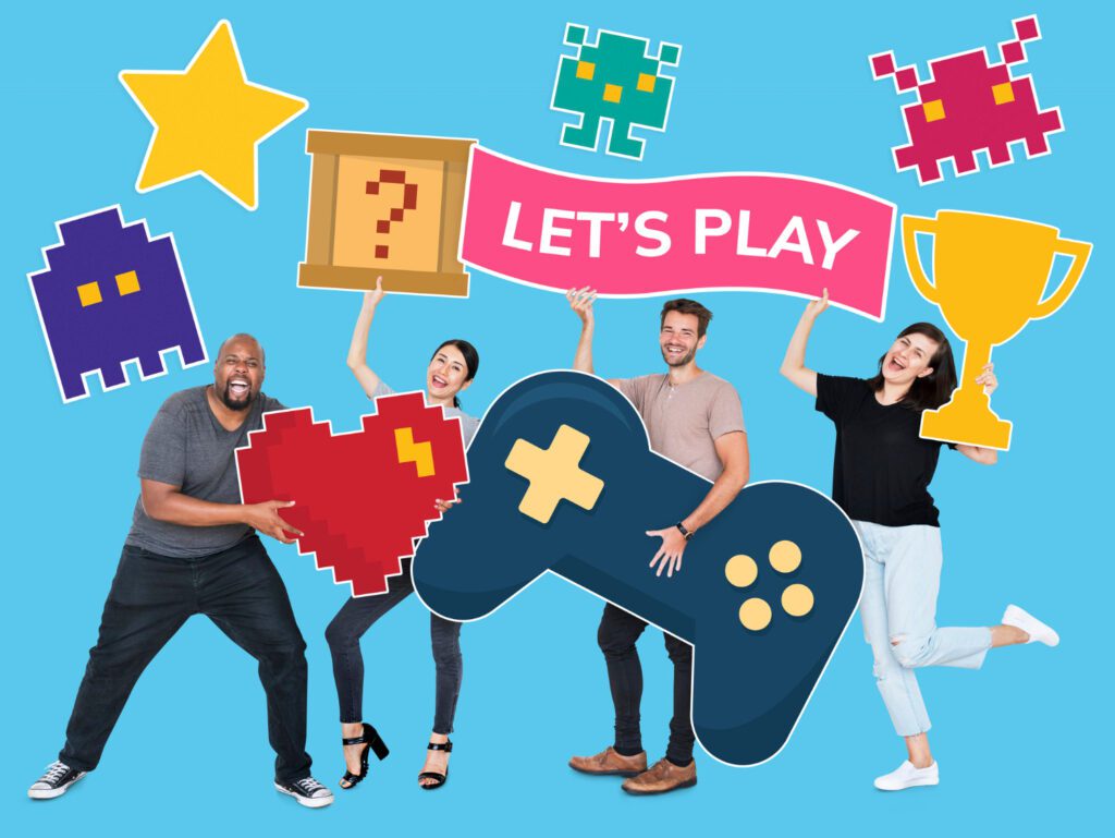 photo d’ambiance montrant des joueurs avec une manette de console rétro pixelisé