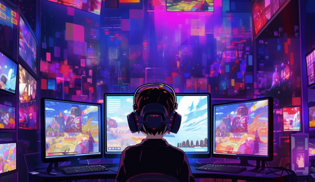 composition visuelle mêlant un personnage de jeu vidéo en pleine action dans un monde virtuel avec des œuvres d'art classiques en arrière-plan, pour illustrer l’alliance entre gaming et art