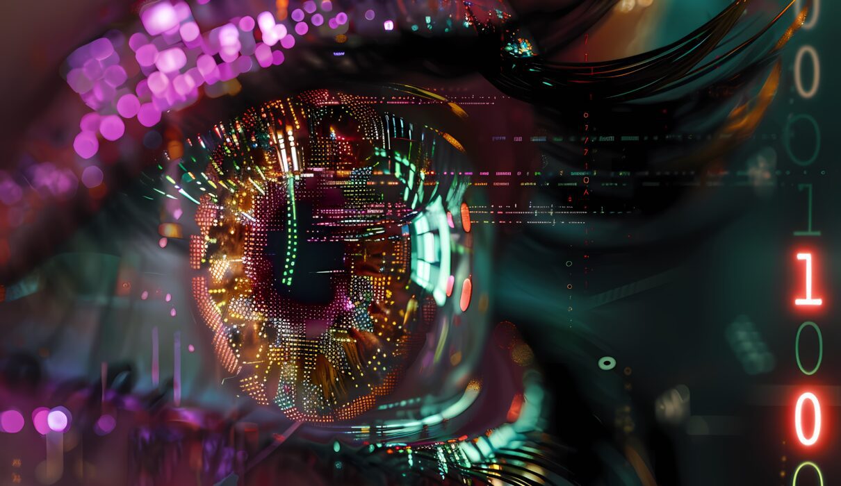œil digital stylisé observant une galerie d'art virtuel, avec des codes blockchain incrusté