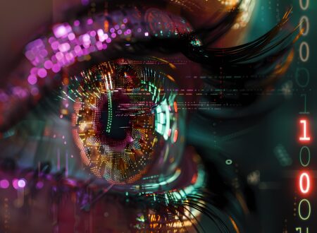 œil digital stylisé observant une galerie d'art virtuel, avec des codes blockchain incrusté