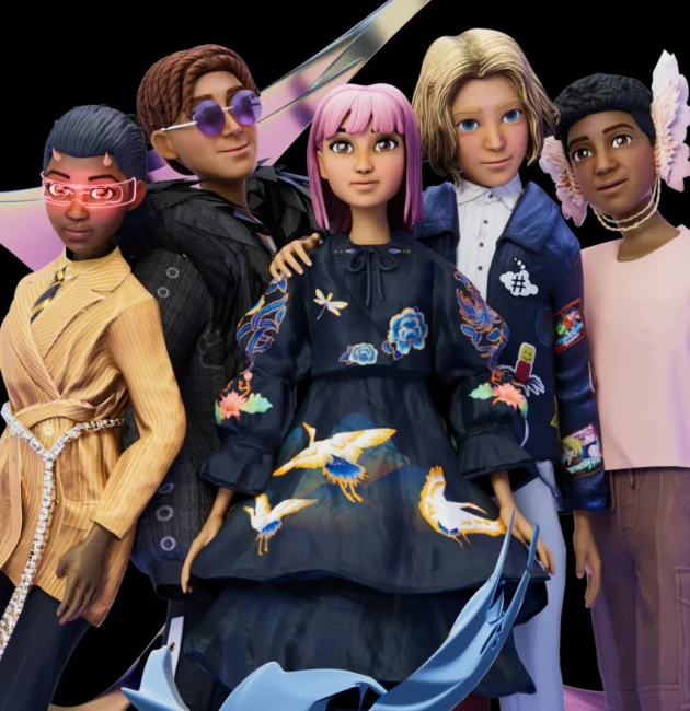 un visuel stylisé d’avatars habillés en streetwear futuriste dans un environnement immersif, avec des effets de lumière holographique, entre cyberpunk et culture pop