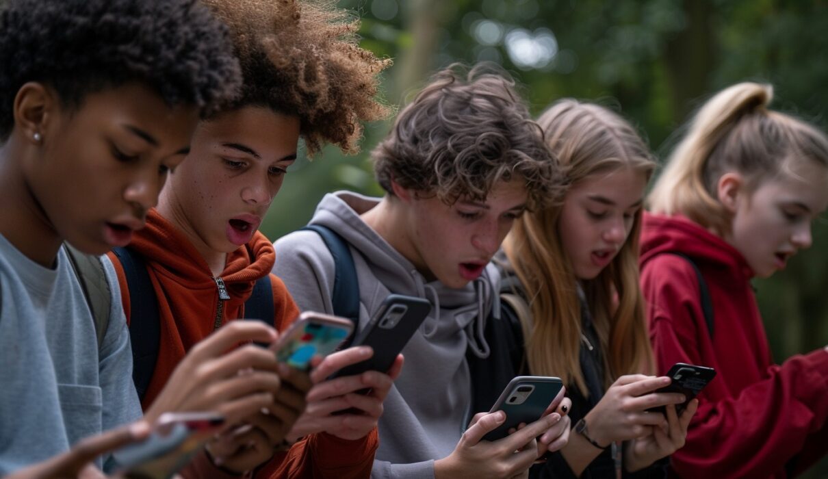 un groupe de jeunes assis dans un parc ou un café, chacun sur son smartphone, avec des éclats de rire et des écrans colorés montrant des jeux, ambiance conviviale et moderne