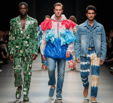 mannequins portant une veste en matériaux recyclés sous un spot lumineux, avec en arrière-plan des écrans affichant graphiques financiers et logos de startups de mode green
