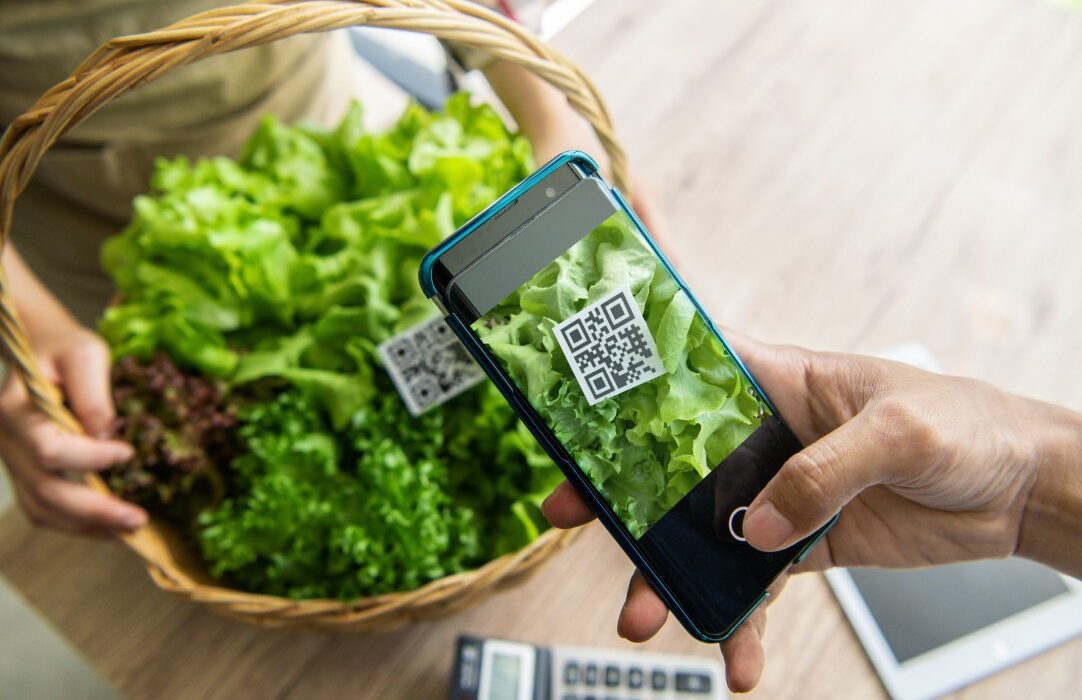 panier gastronomique haut de gamme avec un QR code flottant à côté, entourée d’icônes numériques symbolisant blockchain, traçabilité et provenance, avec un éclairage moderne et immersif