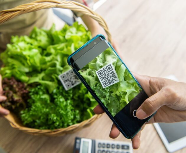 panier gastronomique haut de gamme avec un QR code flottant à côté, entourée d’icônes numériques symbolisant blockchain, traçabilité et provenance, avec un éclairage moderne et immersif