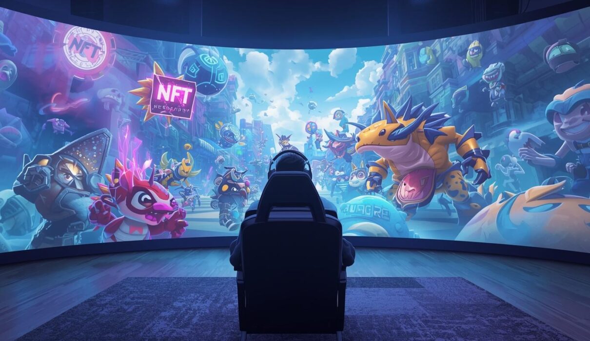 Un joueur casual assis devant un écran immersif, entouré de créatures NFT et d’éléments interactifs du metaverse, avec un style graphique moderne et lumineux