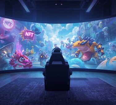 Un joueur casual assis devant un écran immersif, entouré de créatures NFT et d’éléments interactifs du metaverse, avec un style graphique moderne et lumineux