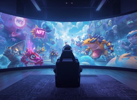 Un joueur casual assis devant un écran immersif, entouré de créatures NFT et d’éléments interactifs du metaverse, avec un style graphique moderne et lumineux