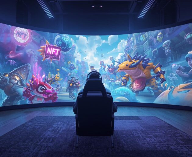 Un joueur casual assis devant un écran immersif, entouré de créatures NFT et d’éléments interactifs du metaverse, avec un style graphique moderne et lumineux