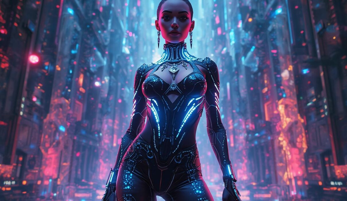Un avatar stylé dans un environnement virtuel futuriste, portant des wearables digitaux lumineux, entouré d’éléments interactifs et de néons colorés, reflétant la fusion mode, tech et metaverse