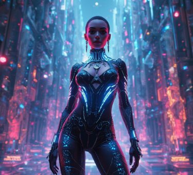 Un avatar stylé dans un environnement virtuel futuriste, portant des wearables digitaux lumineux, entouré d’éléments interactifs et de néons colorés, reflétant la fusion mode, tech et metaverse
