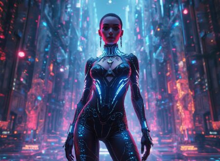 Un avatar stylé dans un environnement virtuel futuriste, portant des wearables digitaux lumineux, entouré d’éléments interactifs et de néons colorés, reflétant la fusion mode, tech et metaverse