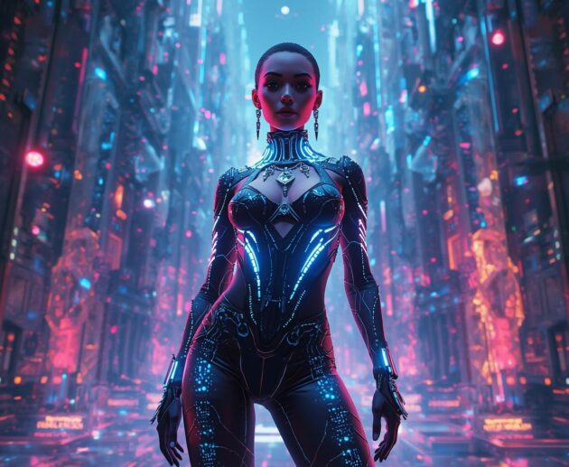 Un avatar stylé dans un environnement virtuel futuriste, portant des wearables digitaux lumineux, entouré d’éléments interactifs et de néons colorés, reflétant la fusion mode, tech et metaverse