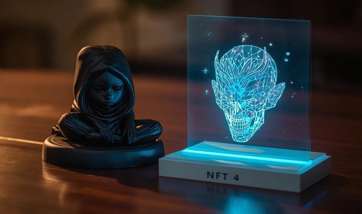 Une figurine physique posée sur une table, avec à côté un écran ou hologramme affichant son NFT correspondant, entourée de symboles digitaux et blockchain, représentant la fusion du réel et du virtuel
