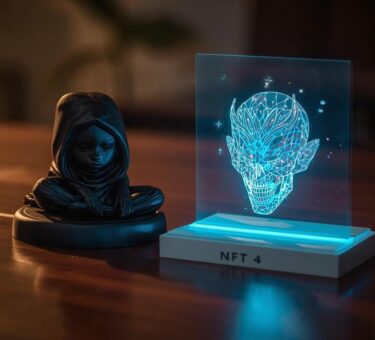 Une figurine physique posée sur une table, avec à côté un écran ou hologramme affichant son NFT correspondant, entourée de symboles digitaux et blockchain, représentant la fusion du réel et du virtuel