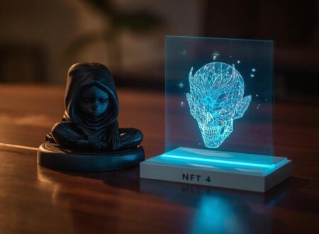 Une figurine physique posée sur une table, avec à côté un écran ou hologramme affichant son NFT correspondant, entourée de symboles digitaux et blockchain, représentant la fusion du réel et du virtuel