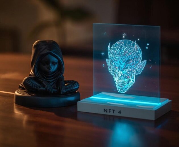 Une figurine physique posée sur une table, avec à côté un écran ou hologramme affichant son NFT correspondant, entourée de symboles digitaux et blockchain, représentant la fusion du réel et du virtuel
