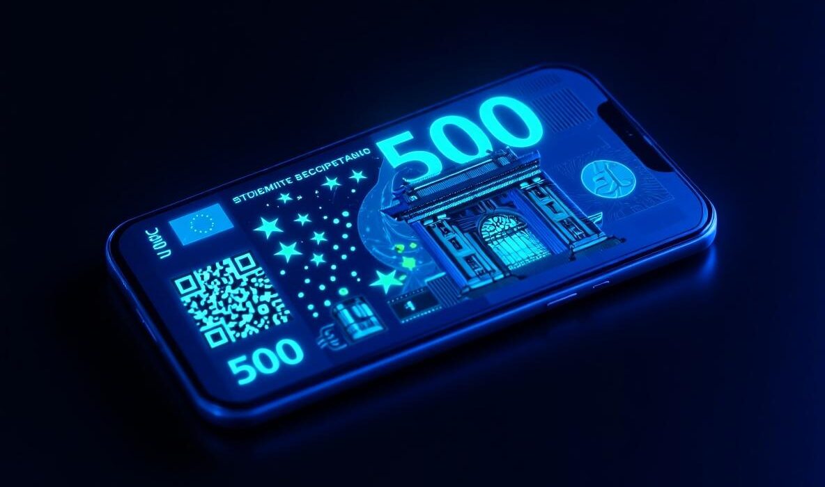 Un visuel futuriste montrant un smartphone affichant un billet NFT animé, avec en arrière-plan une scène de concert VIP lumineuse, des hologrammes et des icônes blockchain flottantes