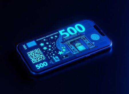 Un visuel futuriste montrant un smartphone affichant un billet NFT animé, avec en arrière-plan une scène de concert VIP lumineuse, des hologrammes et des icônes blockchain flottantes