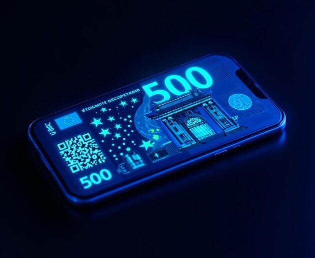 Un visuel futuriste montrant un smartphone affichant un billet NFT animé, avec en arrière-plan une scène de concert VIP lumineuse, des hologrammes et des icônes blockchain flottantes
