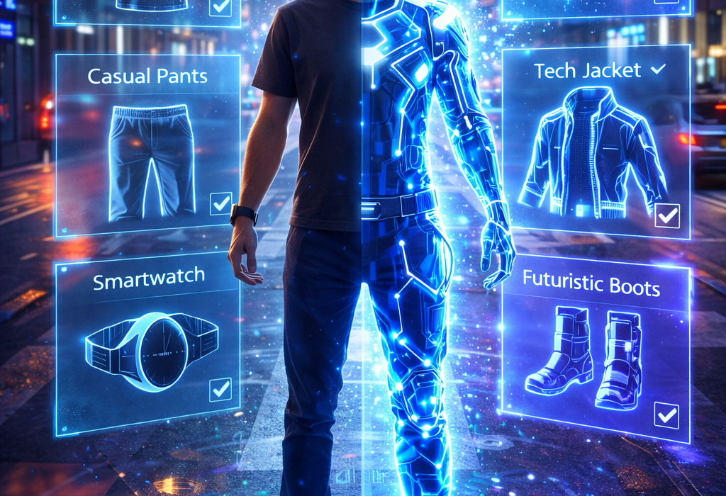 une personne debout dans une rue urbaine moderne, moitié habillée en tenue physique minimaliste, moitié en projection holographique futuriste, avec une interface digitale flottante autour d’elle montrant différentes options de wearable digitale