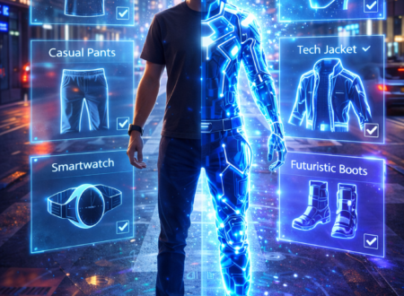 une personne debout dans une rue urbaine moderne, moitié habillée en tenue physique minimaliste, moitié en projection holographique futuriste, avec une interface digitale flottante autour d’elle montrant différentes options de wearable digitale