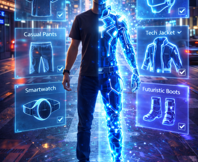 une personne debout dans une rue urbaine moderne, moitié habillée en tenue physique minimaliste, moitié en projection holographique futuriste, avec une interface digitale flottante autour d’elle montrant différentes options de wearable digitale