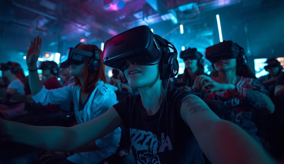 scène de jeu immersif avec plusieurs joueurs portant des casques VR, interagissant avec des objets NFT dans un univers coloré et dynamique, mélangeant avatars, terrains virtuels et effets numériques