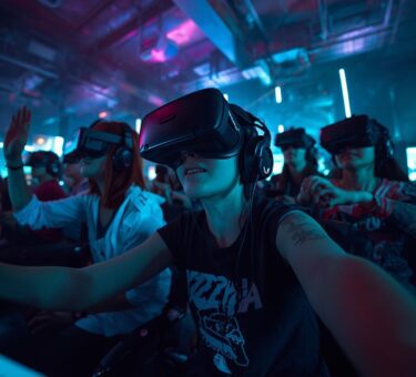 scène de jeu immersif avec plusieurs joueurs portant des casques VR, interagissant avec des objets NFT dans un univers coloré et dynamique, mélangeant avatars, terrains virtuels et effets numériques