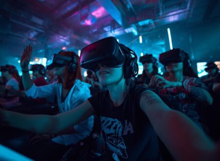 scène de jeu immersif avec plusieurs joueurs portant des casques VR, interagissant avec des objets NFT dans un univers coloré et dynamique, mélangeant avatars, terrains virtuels et effets numériques