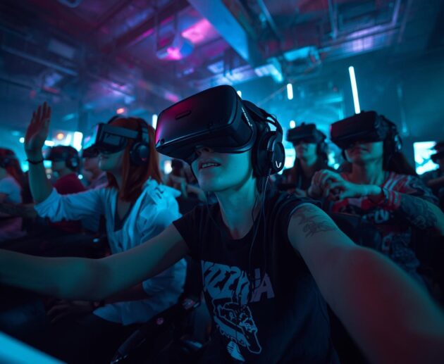 scène de jeu immersif avec plusieurs joueurs portant des casques VR, interagissant avec des objets NFT dans un univers coloré et dynamique, mélangeant avatars, terrains virtuels et effets numériques