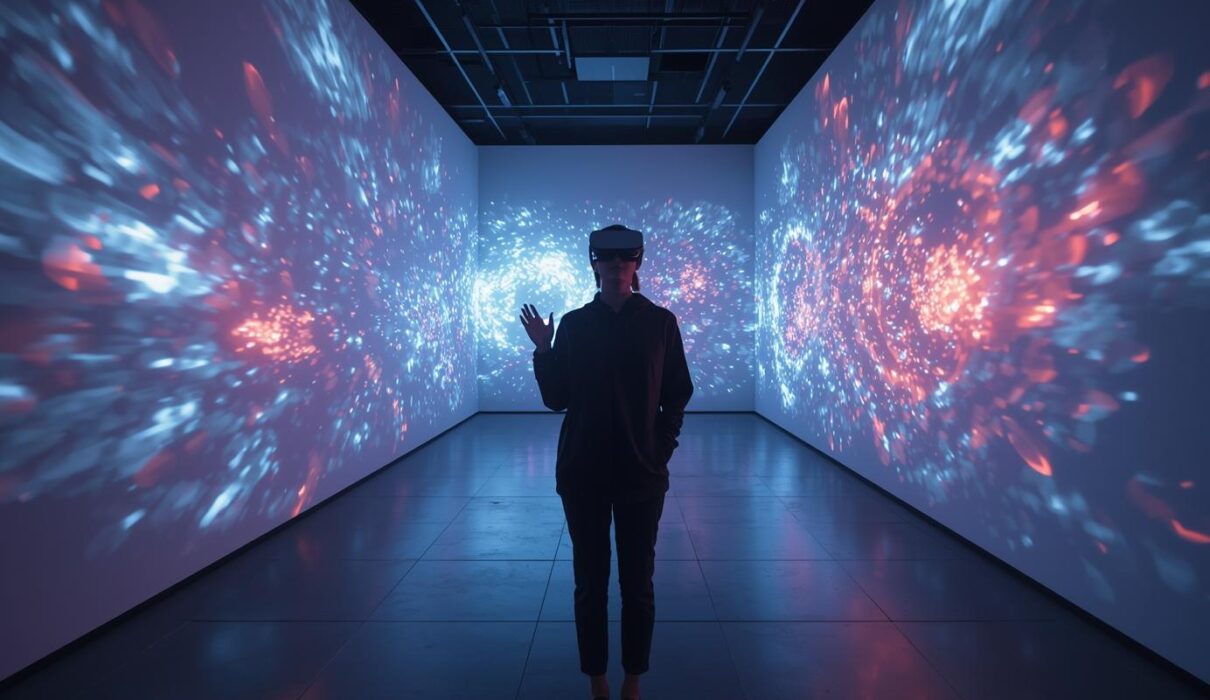 Un visiteur dans une galerie digitale, casque VR sur la tête, entouré d’animations génératives et projections interactives