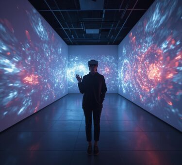 Un visiteur dans une galerie digitale, casque VR sur la tête, entouré d’animations génératives et projections interactives