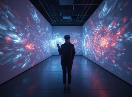 Un visiteur dans une galerie digitale, casque VR sur la tête, entouré d’animations génératives et projections interactives