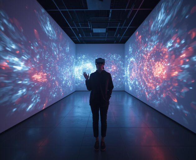 Un visiteur dans une galerie digitale, casque VR sur la tête, entouré d’animations génératives et projections interactives